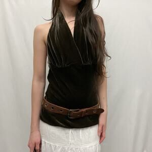 90s vintage express brown velvet boho chic silk rayon halter backless top blouse